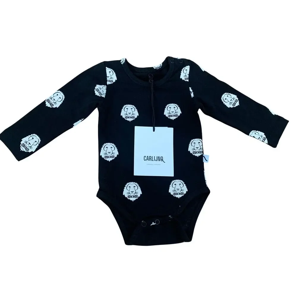 CarlijnQ Lions Head Infant Bodysuit Black Organic Cotton Baby Size 3-6 Month NEW